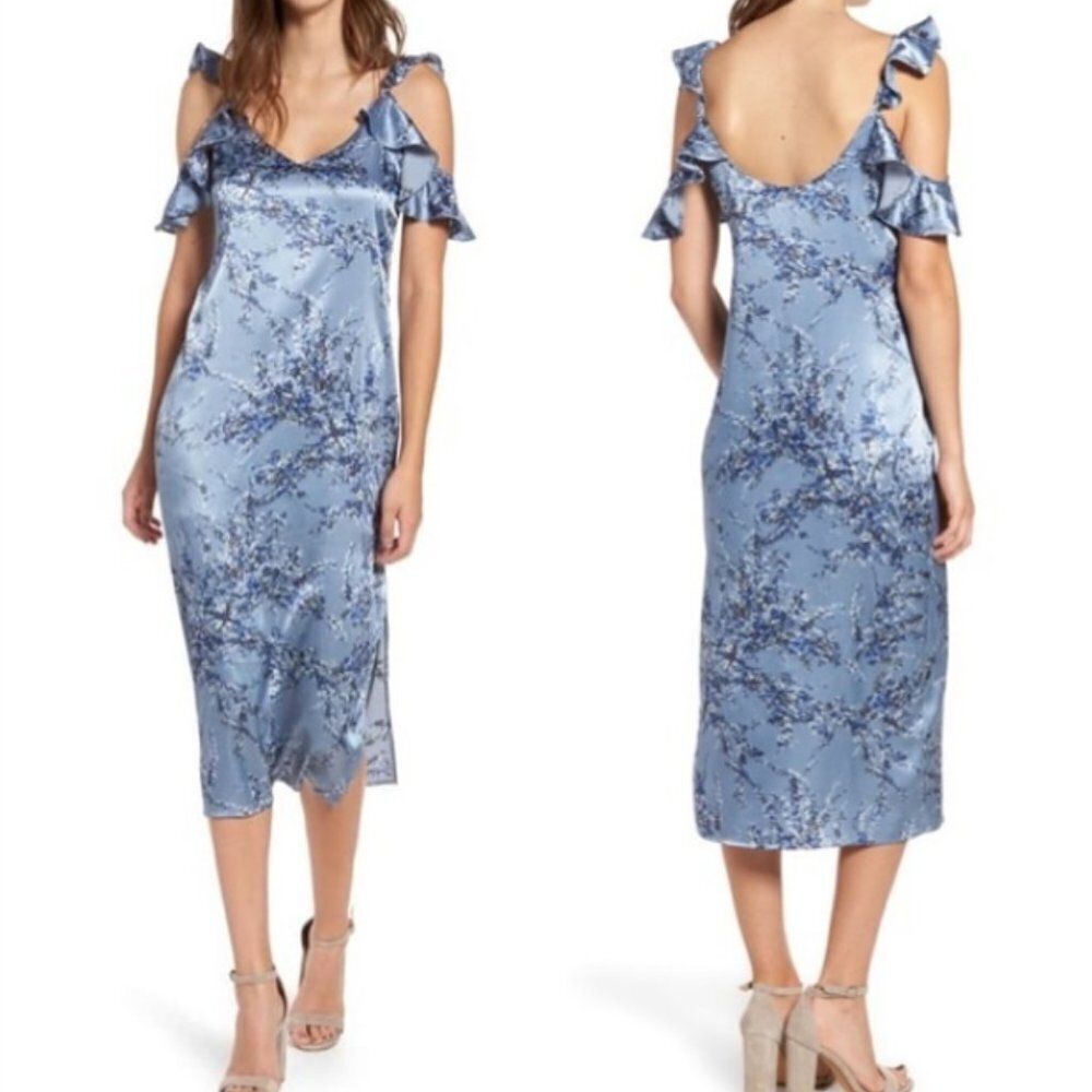 WAYF Quinn Floral Satin Midi Slip Dress Cold Shoulder Side Slit Ruffles Blue S